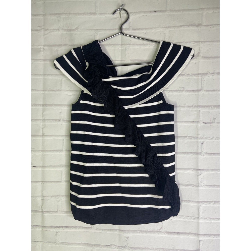 Scripted Black and White Asymmetrical Ruffle Horizontal Stripe Shirt Top Size M